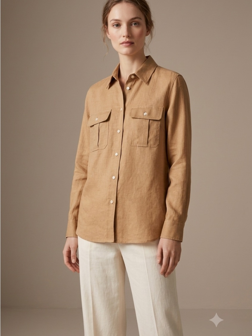 Max Mara 100% Linen Button Down Shirt Camel Tan Quiet Luxury Size US 6